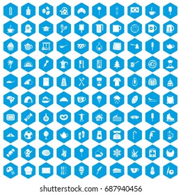 100 coffee icons set in blue hexagon isolated vector illustration