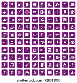 100 coffee icons set in grunge style purple color isolated on white background vector illustration