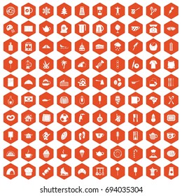 100 coffee icons set in orange hexagon isolated vector illustration