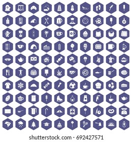 100 coffee icons set in purple hexagon isolated vector illustration