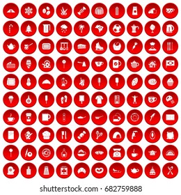 100 coffee icons set in red circle isolated on white vector illustration