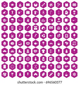 100 coffee icons set in violet hexagon isolated vector illustration