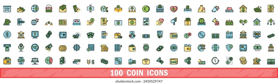 100 coin icons set. Color line set of coin vector icons thin line color flat on white