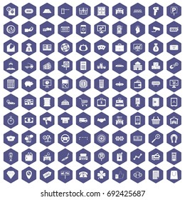 100 coin icons set in purple hexagon isolated vector illustration