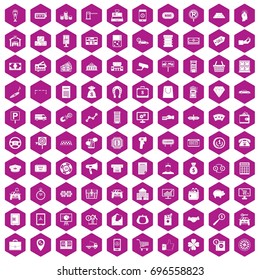 100 coin icons set in violet hexagon isolated vector illustration