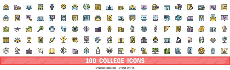 100 college icons set. Color line set of college vector icons thin line color flat on white