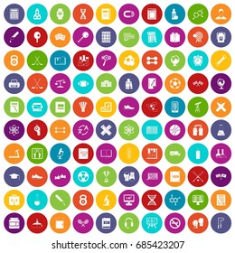 100 college icons set in different colors circle isolated vector illustration