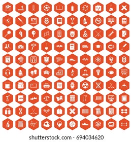 100 college icons set in orange hexagon isolated vector illustration