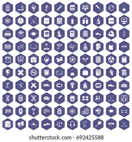 100 college icons set in purple hexagon isolated vector illustration