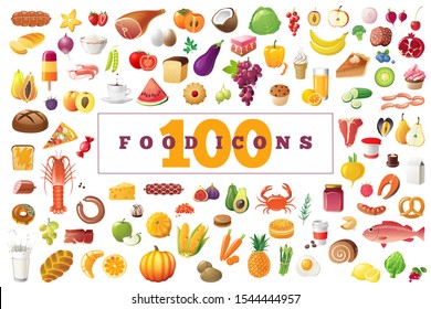 100 colored food Icons. Collection of fish and meat, fruits, vegetables, bread and dairy products.