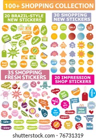 100 colorful shopping stickers, icons, signs, vector illustrations