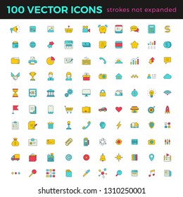 100 colorful vector thin line icons set linear style. Simple outline icon with Editable stroke