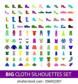 100 coloured silhouettes vector set of fashion clothes and accessories.