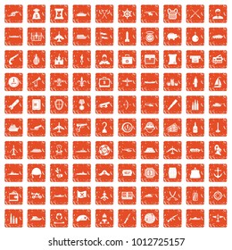 100 combat vehicles icons set in grunge style orange color isolated on white background vector illustration