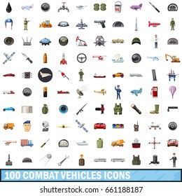 100 combat vehicles icons set in cartoon style for any design vector illustration