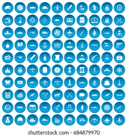 100 combat vehicles icons set blue