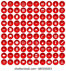 100 combat vehicles icons set in red circle isolated on white vectr illustration