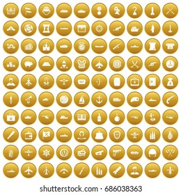 100 combat vehicles icons set in gold circle isolated on white vectr illustration