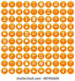 100 combat vehicles icons set in orange circle isolated vector illustration