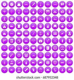 100 combat vehicles icons set in purple circle isolated vector illustration