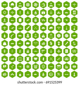 100 combat vehicles icons set in green hexagon isolated vector illustration