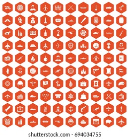 100 combat vehicles icons set in orange hexagon isolated vector illustration