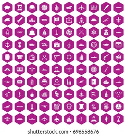 100 combat vehicles icons set in violet hexagon isolated vector illustration