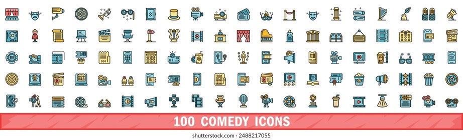 100 comedy icons set. Color line set of comedy vector icons thin line color flat on white