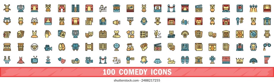 100 iconos de comedia. Conjunto de línea de color de iconos vectoriales de comedia línea fina de color plana en blanco