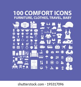 100 comfort icons: furniture, clothes, travel, baby toys, vacation, event, kids, living, children set, vector