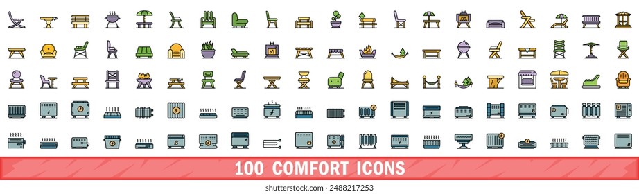 100 comfort icons set. Color line set of comfort vector icons thin line color flat on white