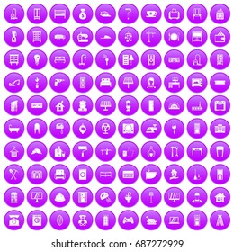100 comfortable house icons set in purple circle isolated on white vector illustration