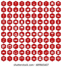 100 comfortable house icons set in red hexagon isolated vector illustration