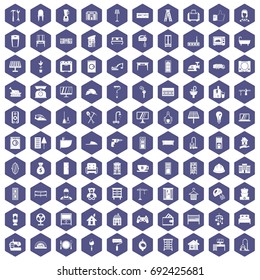 100 comfortable house icons set in purple hexagon isolated vector illustration