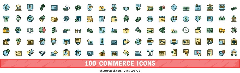 100 commerce icons set. Color line set of commerce vector icons thin line color flat on white