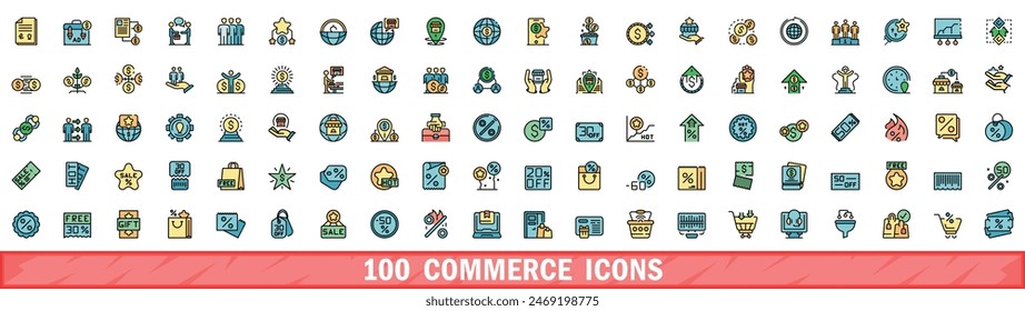 Conjunto de 100 iconos de comercio. Línea de color conjunto de iconos de vector de comercio línea fina color plana en blanco