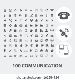 100 communication black icons set, vector