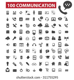 100 communication black isolated concept icons, illustrations set. Flat design vector for web, infographics, apps, mobile phone servces