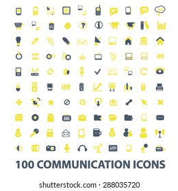 100 communication, connection, internet, mobile icons, signs, illustrations set, vector