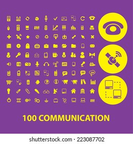 100 communication, connection, internet, phone, network isolated icons, signs, illustrations, silhouettes set, vector on background for web and mobile 