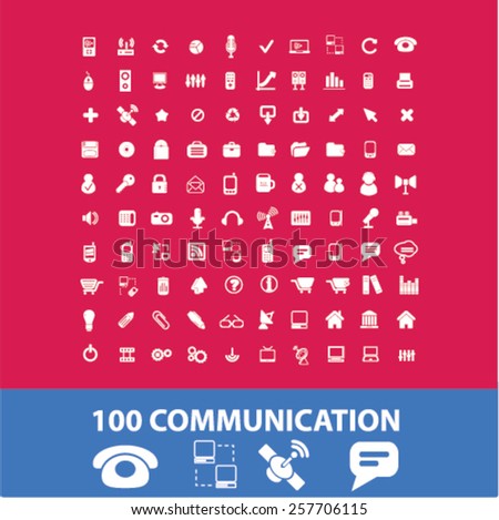 100 communication, connection isolated icons, signs, illustrations concept design set on background for mobile application, website, adverisement, vector