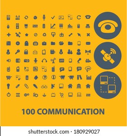 100 comunicación, conexión, red, iconos de medios sociales, botones, símbolos aislados conjunto, vector en segundo plano