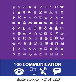 100 comunicaciones, conexión, teléfono, smartphone, enlace, nube, iconos de redes, señales, ilustraciones vectoriales