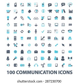 100 communication, connection, technology, internet, network, phone, mobile icons, signs, illustrations set, vector