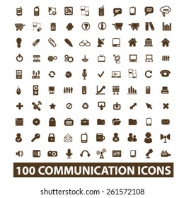 100 communication, connection, technology isolated icons, signs, illustrations collection concept design set for web and application on background, vector