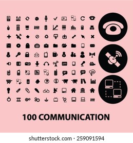 100 communication, connection, technology, phone icons, signs, illustrations concept design set, vector