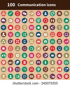 100 communication icons, brown background 