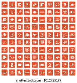 100 communication icons set in grunge style orange color isolated on white background vector illustration