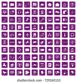 100 communication icons set in grunge style purple color isolated on white background vector illustration