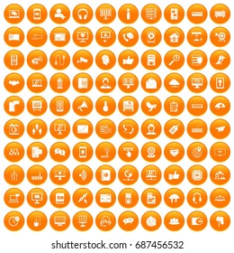 100 communication icons set in orange circle isolated vector illustration